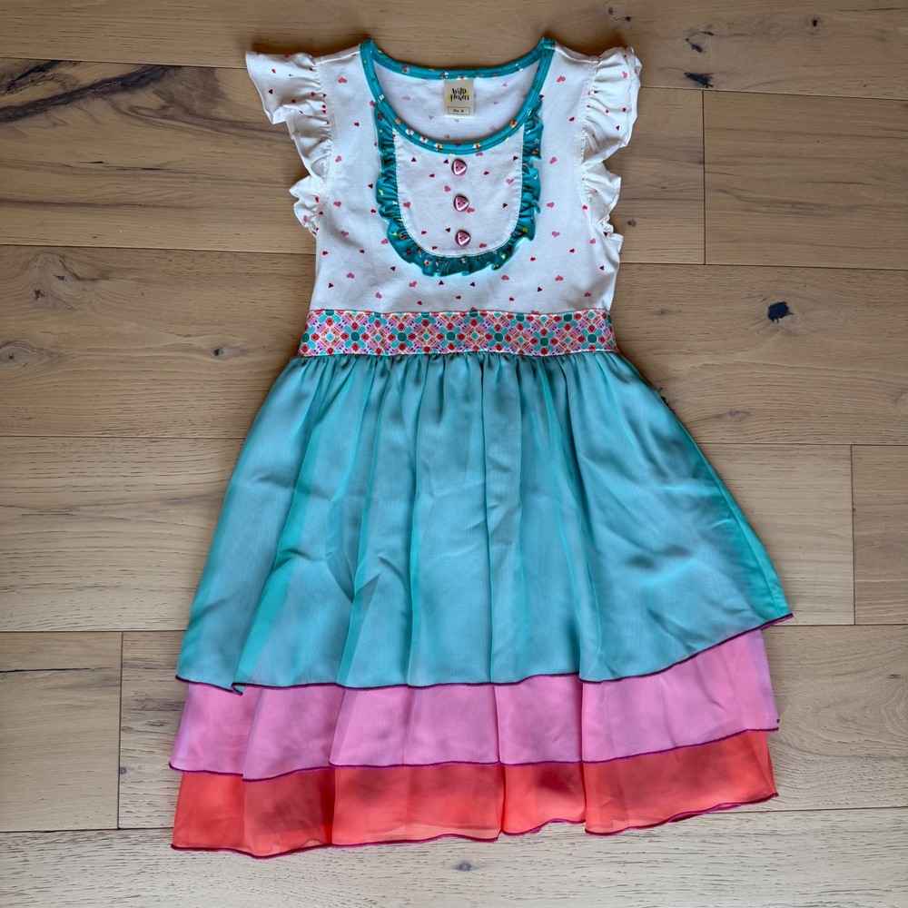 Wildflowers Girls Tiered Chiffon Heart Print Flutter Sleeve Dress Size 8